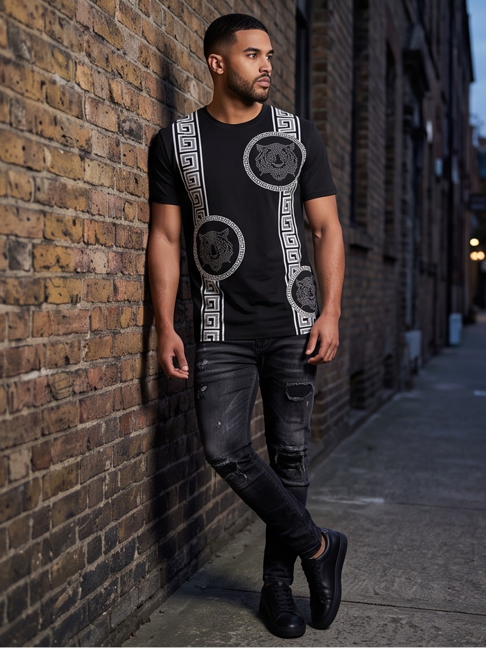 Men toku shirt black rhinestone crew neck modern fit